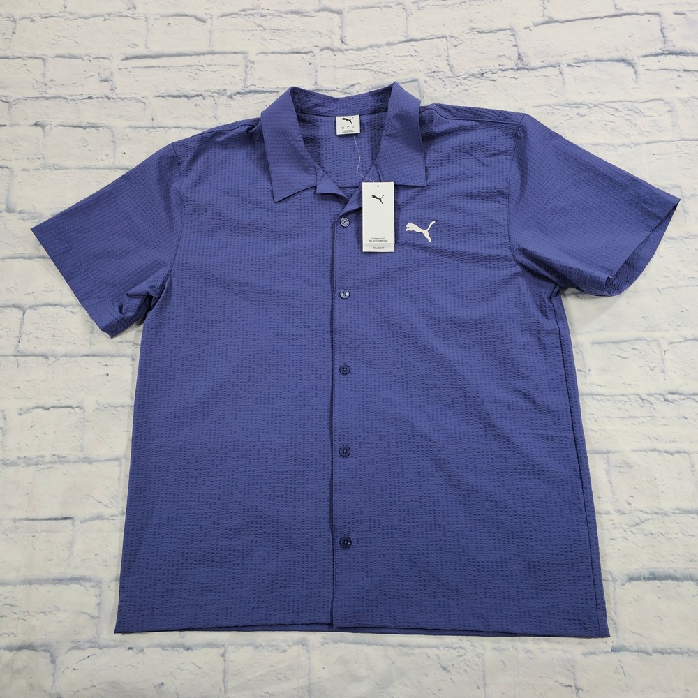 Puma ESS Shirt Mens M Blue Crystal Relaxed Fit 629663-46 Textured Sporty